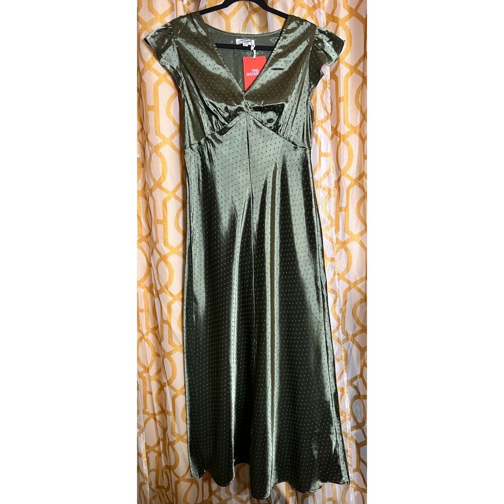 Old Navy The Occasion Satin Flutter Sleeve Maxi Dress Olive Green Polka Dot New